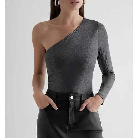 New NWT Express Body Contour One Sleeve Metallic Thong Body Suit XL Black Silver - Picture 1 of 10